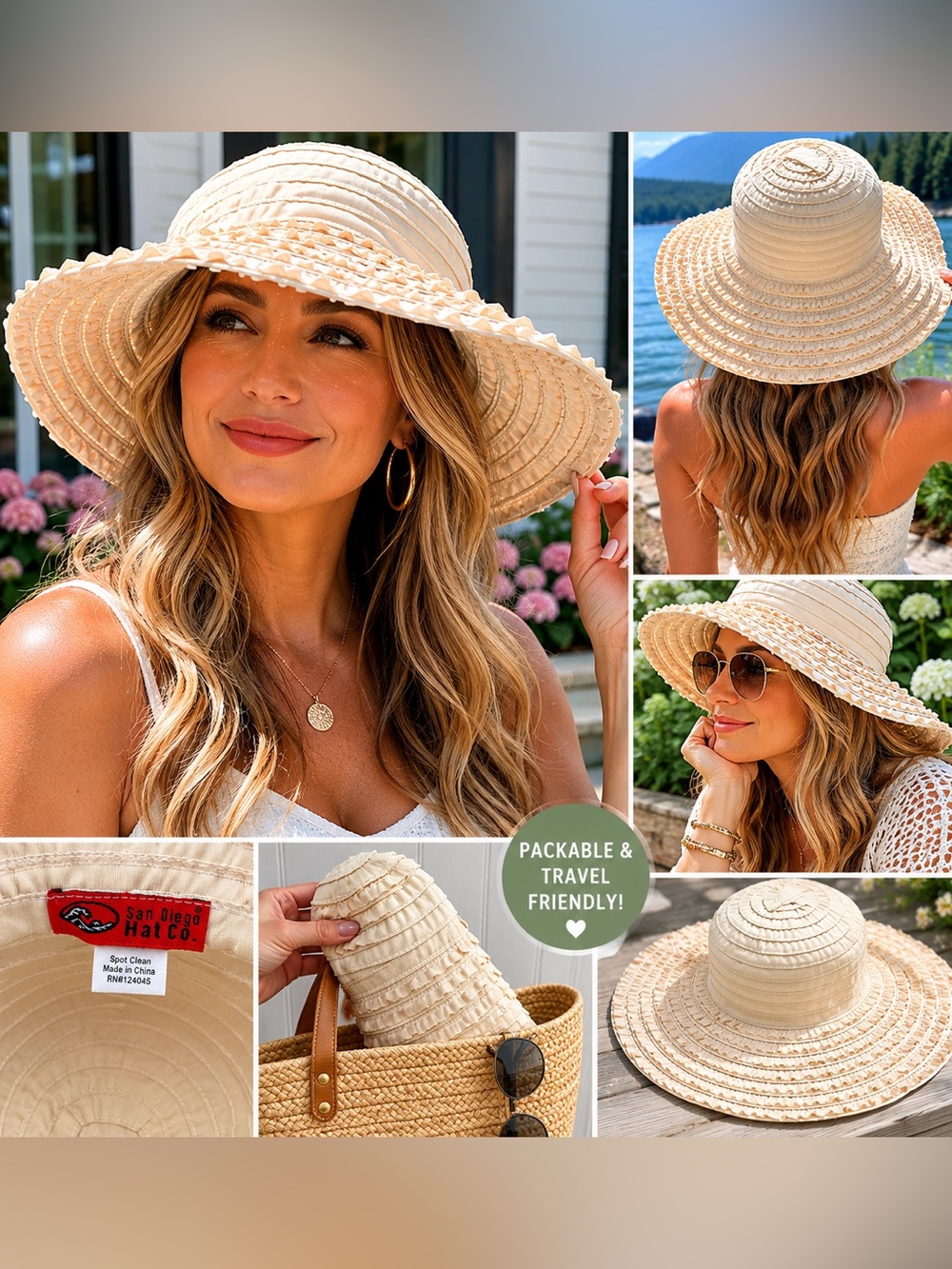 San Diego Hat Co Packable Ruffle Wide Brim Sun Hat Beige Boho Summer